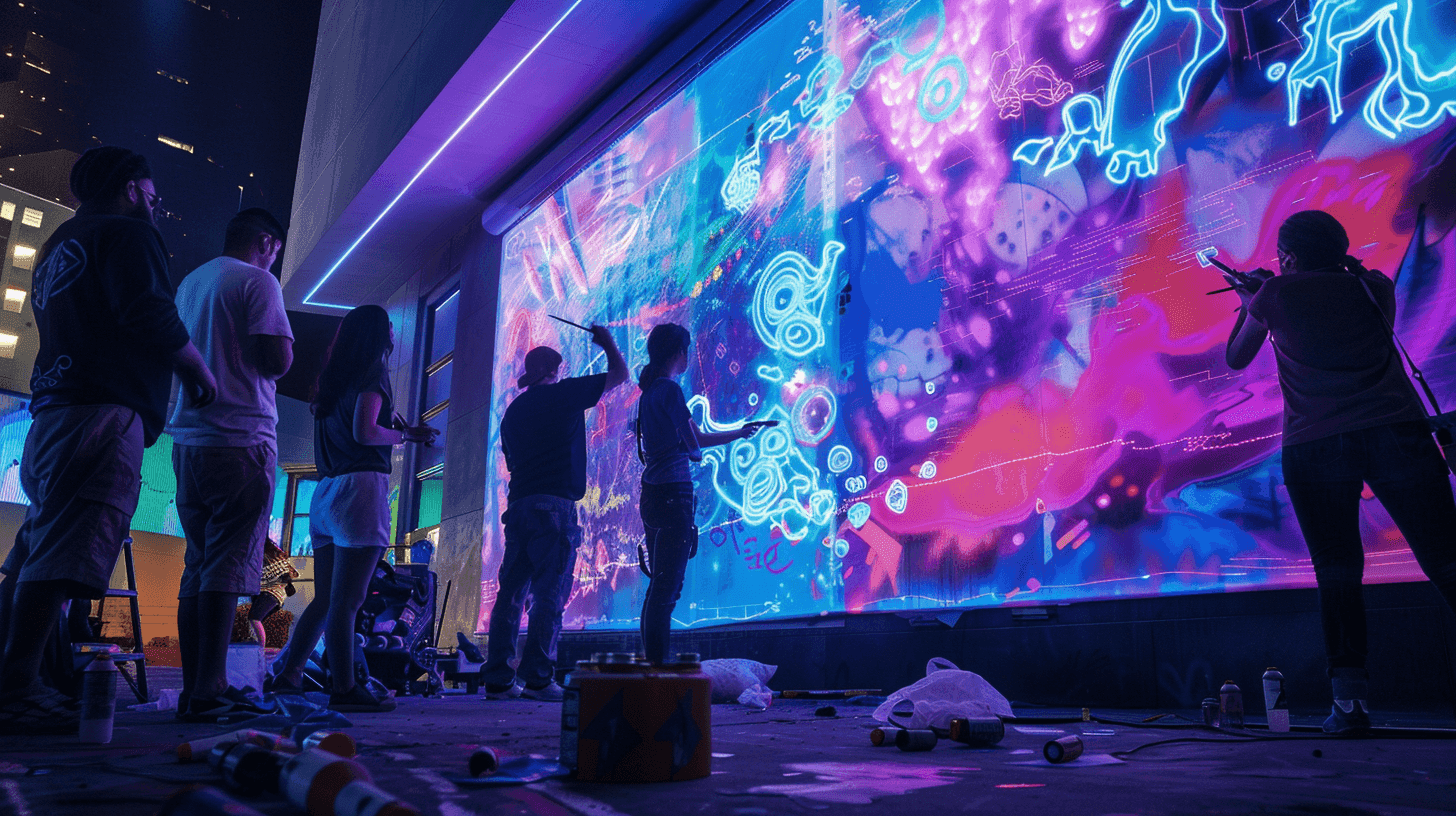 Group of people painting a large, illuminated mural with neon colors at night in an urban setting.