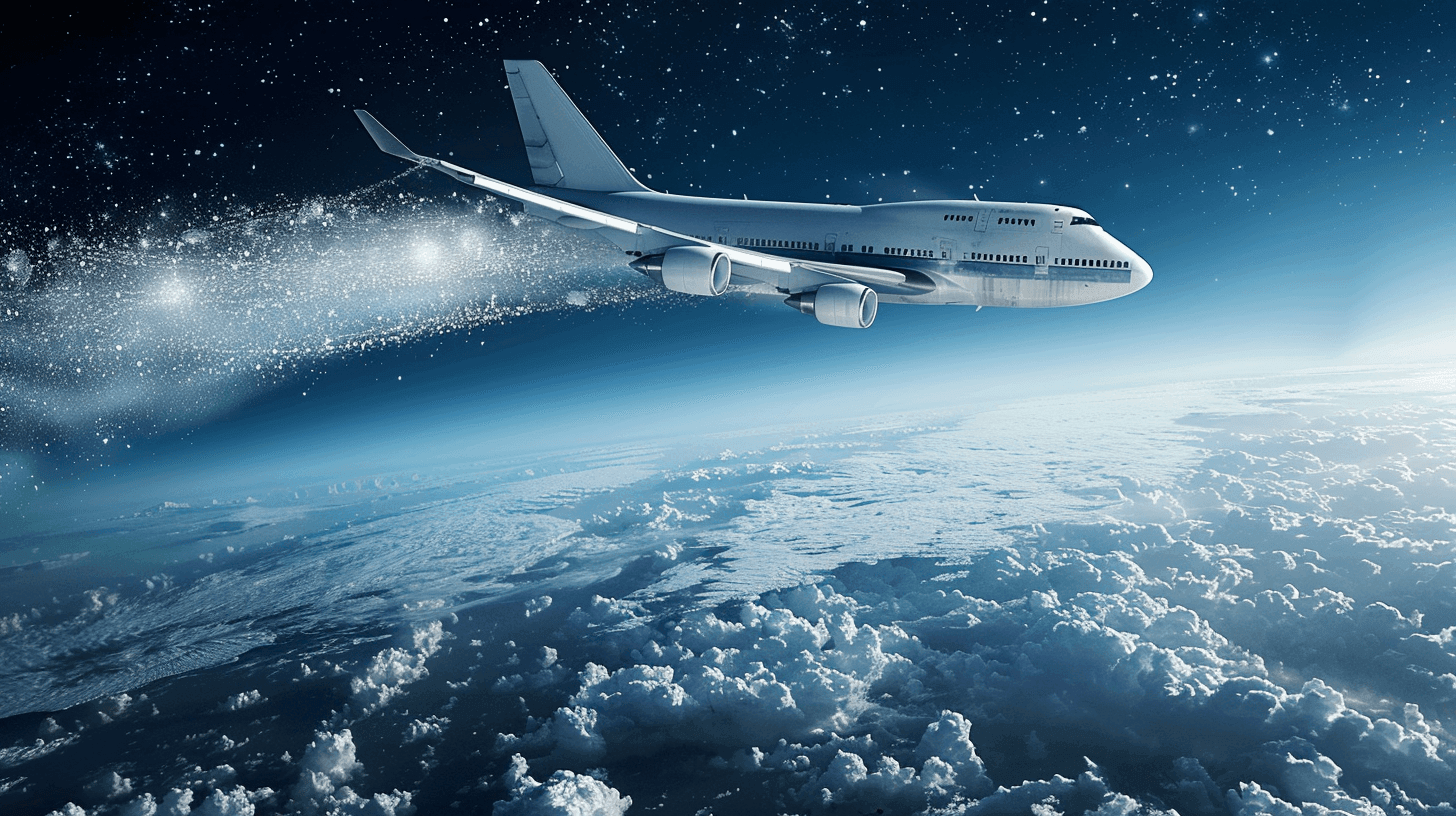 Large airplane flying above the clouds with a starry night sky backdrop, creating a surreal scene.