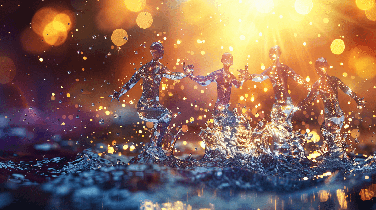 Abstract image of four water figures dancing in front of a vibrant golden light with bokeh effects.