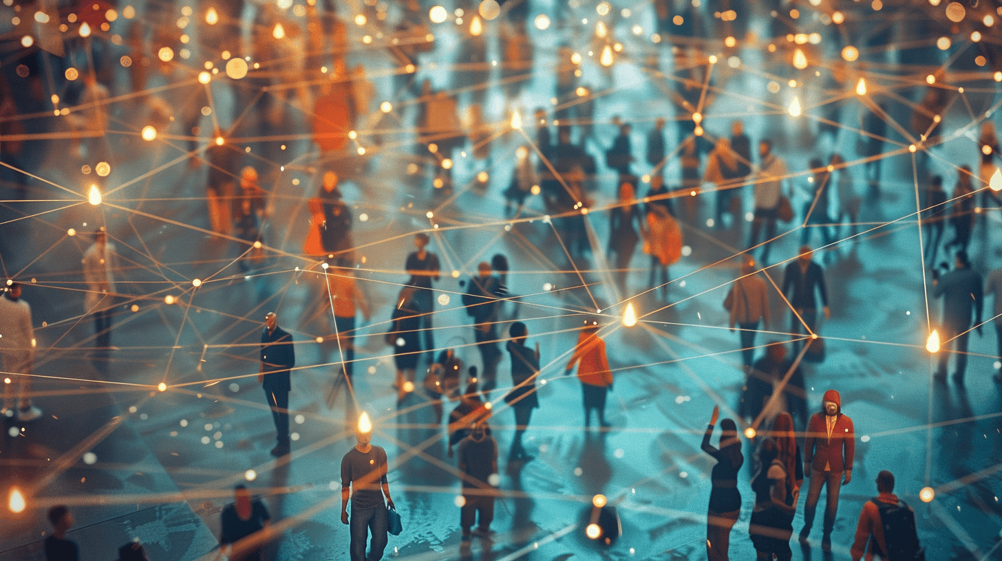 Crowd of people walking with interconnected glowing lines and dots, representing a network or digital connectivity.